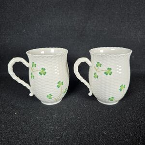 Pair Of Nantucket Home Shamrock Mugs With Basketweave Texture Irish Clover